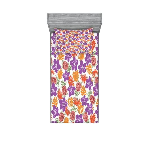 Ambesonne Floral Fitted Sheet & Pillow Sham Set, Tropical Hawaii Hibiscus, Twin, Multicolor
