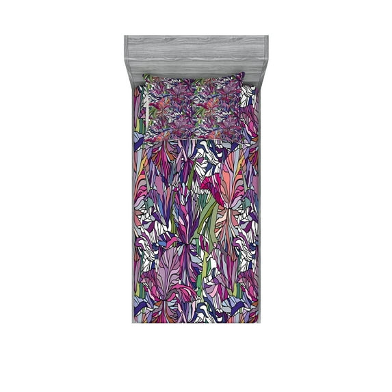 Ambesonne Floral Fitted Sheet & Pillow Sham Set, Tropical Jungle Bouquet, Twinxl, Multicolor