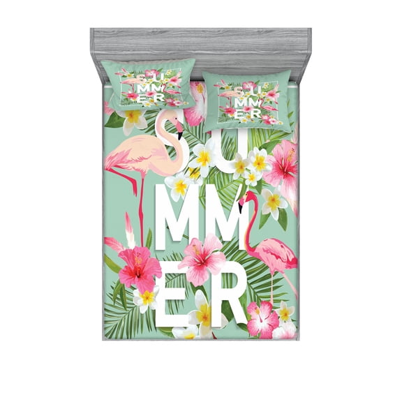 Ambesonne Floral Fitted Sheet & Pillow Sham Set, Tropical Retro Flowers, Full, Mint Green Pink