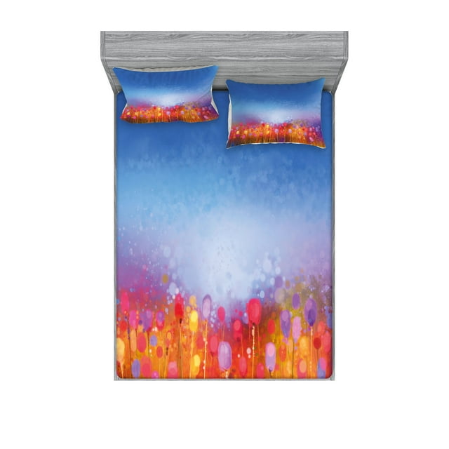 Ambesonne Floral Fitted Sheet & Pillow Sham Set, Tulip Garden Watercolor, Full, Multicolor