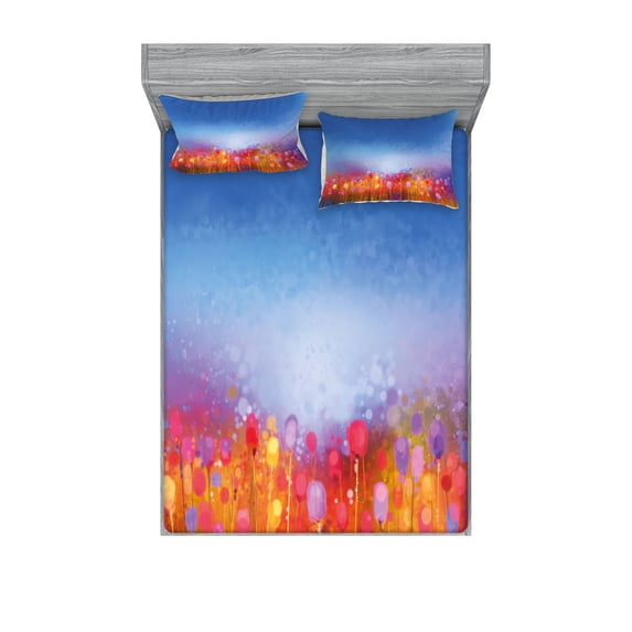 Ambesonne Floral Fitted Sheet & Pillow Sham Set, Tulip Garden Watercolor, Queen, Multicolor