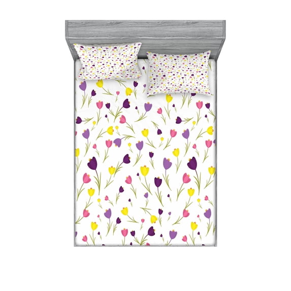 Ambesonne Floral Fitted Sheet & Pillow Sham Set, Tulips Spring Romantic, Full, Purple Yellow