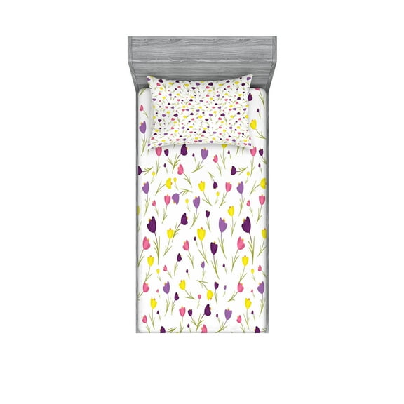 Ambesonne Floral Fitted Sheet & Pillow Sham Set, Tulips Spring Romantic, Twinxl, Purple Yellow