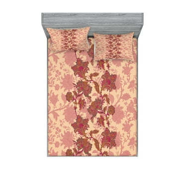 Ambesonne Floral Fitted Sheet & Pillow Sham Set, Vibrant Boho Flowers, Queen, Peach and Coral