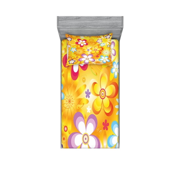 Ambesonne Floral Fitted Sheet & Pillow Sham Set, Vibrant Daisies Cheerful, Twin, Multicolor