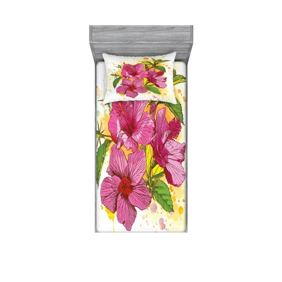 Ambesonne Floral Fitted Sheet & Pillow Sham Set, Vibrant Hibiscus Flower, Twinxl, Earth Yellow Fuchsia