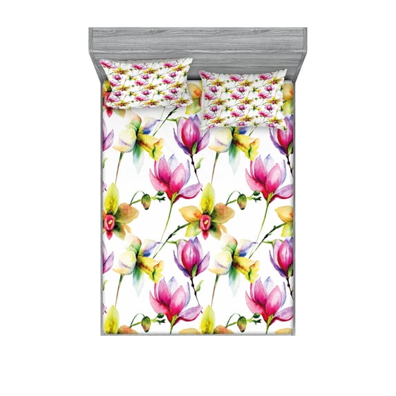 Ambesonne Floral Fitted Sheet & Pillow Sham Set, Vibrant Magnolia Flower, Queen, Multicolor