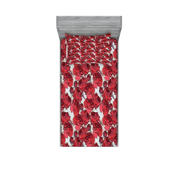 Ambesonne Floral Fitted Sheet & Pillow Sham Set, Vibrant Roses Bouquet, Twin, Purple Pink Red