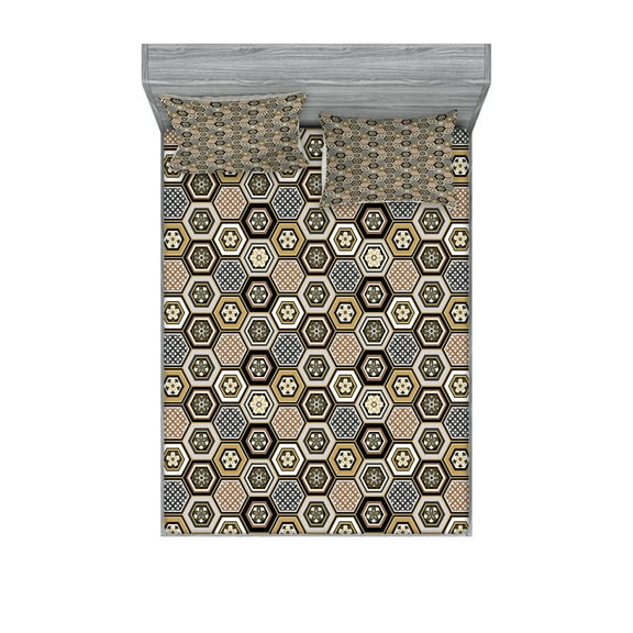 Ambesonne Floral Fitted Sheet & Pillow Sham Set, Victorian Damask Rococo, Full, Pale Coffee Warm Taupe