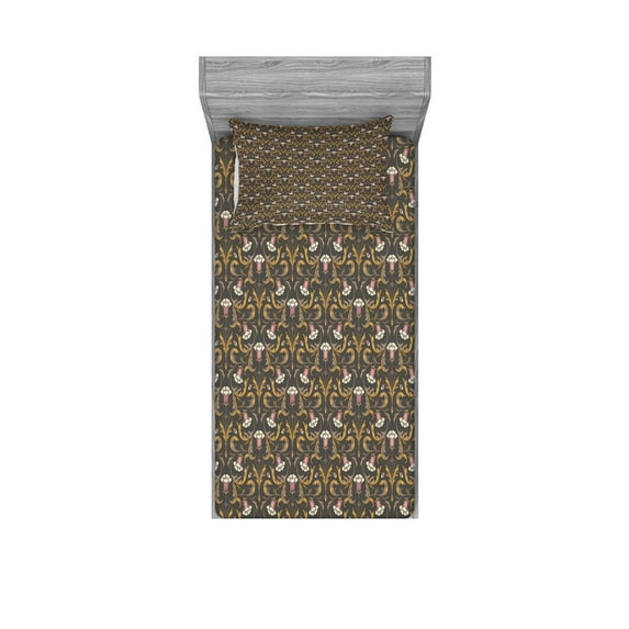 Ambesonne Floral Fitted Sheet & Pillow Sham Set, Victorian Style Bell Flowers, Twinxl, Multicolor