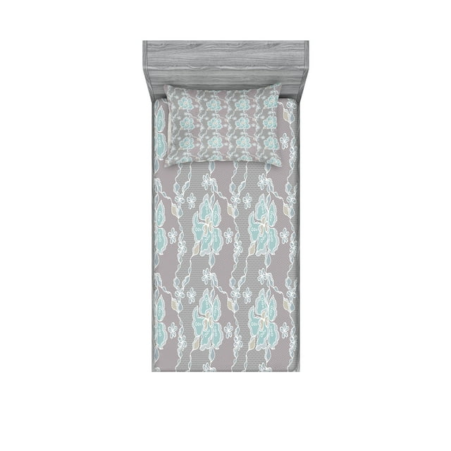 Ambesonne Floral Fitted Sheet & Pillow Sham Set, Victorian Vintage Soft, Twin, Grey Seafoam Tan