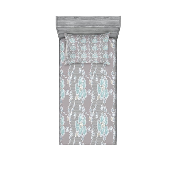 Ambesonne Floral Fitted Sheet & Pillow Sham Set, Victorian Vintage Soft, Twin, Grey Seafoam Tan