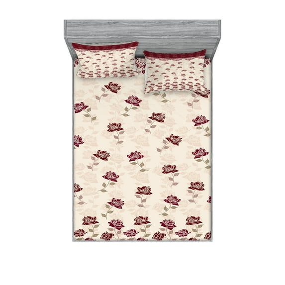 Ambesonne Floral Fitted Sheet & Pillow Sham Set, Vintage Art Romantic Roses, Queen, Maroon Slate Brown