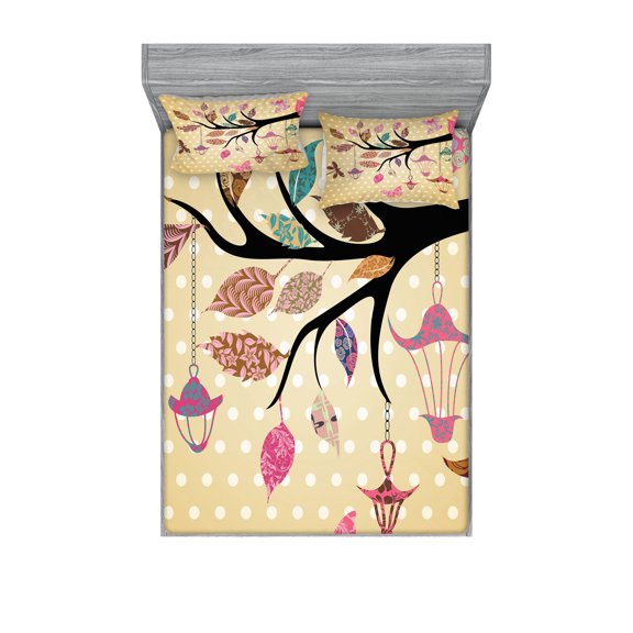 Ambesonne Floral Fitted Sheet & Pillow Sham Set, Vintage Boho Tree, Full, Multicolor