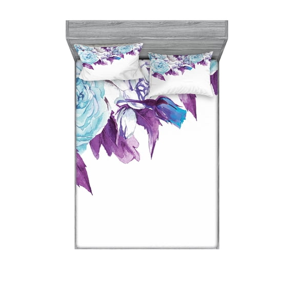 Ambesonne Floral Fitted Sheet & Pillow Sham Set, Vintage Flower Petals, Queen, Pale Blue Purple