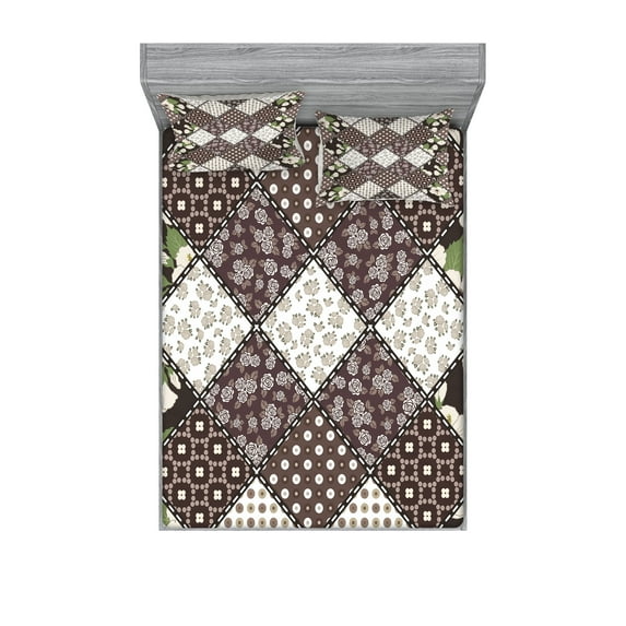Ambesonne Floral Fitted Sheet & Pillow Sham Set, Vintage Flowers Bridal, Queen, Brown Beige
