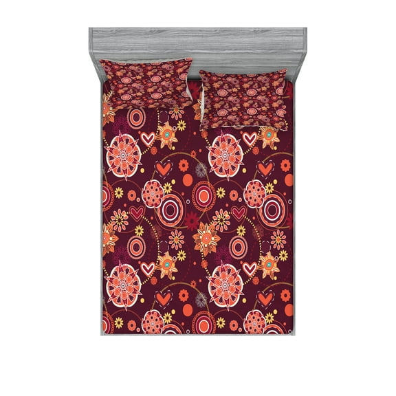 Ambesonne Floral Fitted Sheet & Pillow Sham Set, Vintage Foliage Composition, Full, Orange Maroon and Yellow