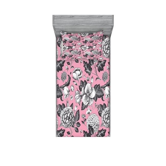Ambesonne Floral Fitted Sheet & Pillow Sham Set, Vintage Garden Flowers, Twin, Coral Black and White