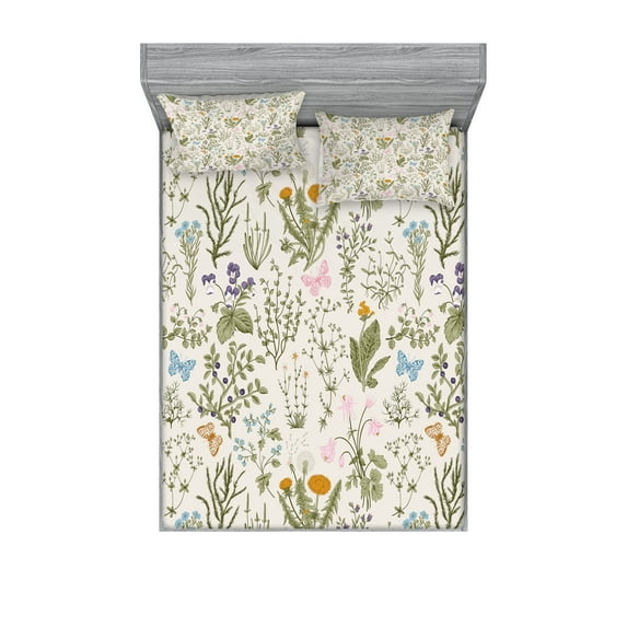 Ambesonne Floral Fitted Sheet & Pillow Sham Set, Vintage Garden Plants, Queen, Reseda Green Beige
