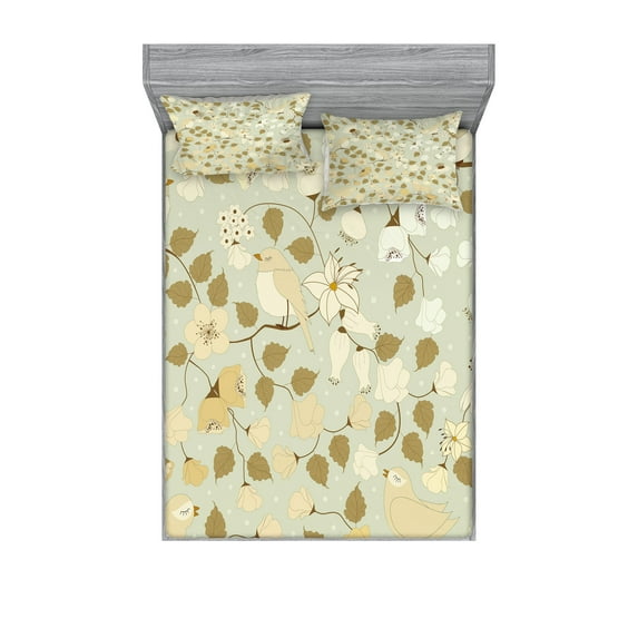 Ambesonne Floral Fitted Sheet & Pillow Sham Set, Vintage Retro Swirls, Calking, Pistachio Green White