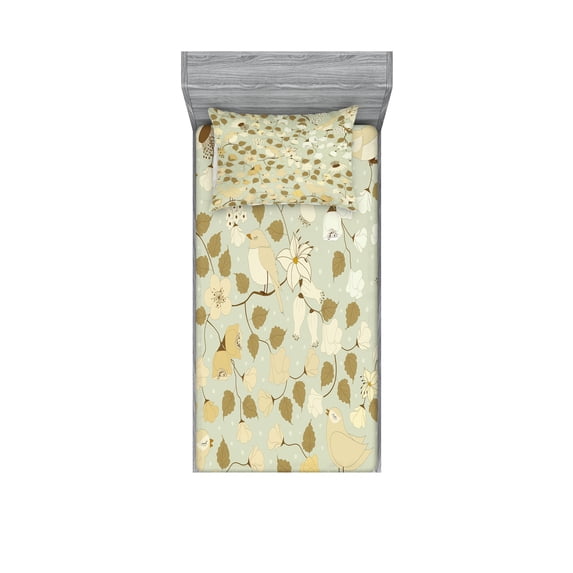 Ambesonne Floral Fitted Sheet & Pillow Sham Set, Vintage Retro Swirls, Twin, Pistachio Green White