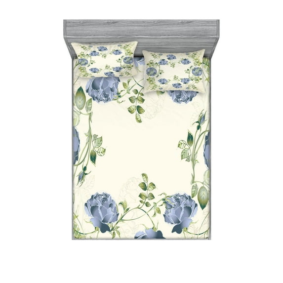 Ambesonne Floral Fitted Sheet & Pillow Sham Set, Vintage Roses Framework, Full, Blue Green Cream