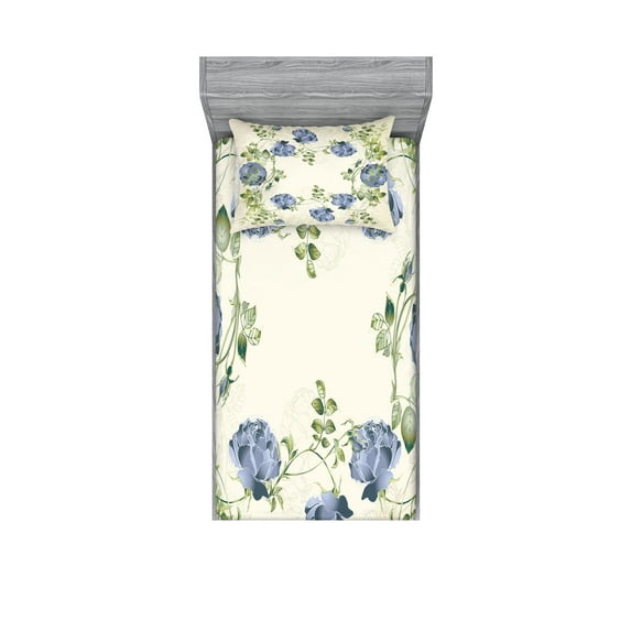 Ambesonne Floral Fitted Sheet & Pillow Sham Set, Vintage Roses Framework, Twinxl, Blue Green Cream