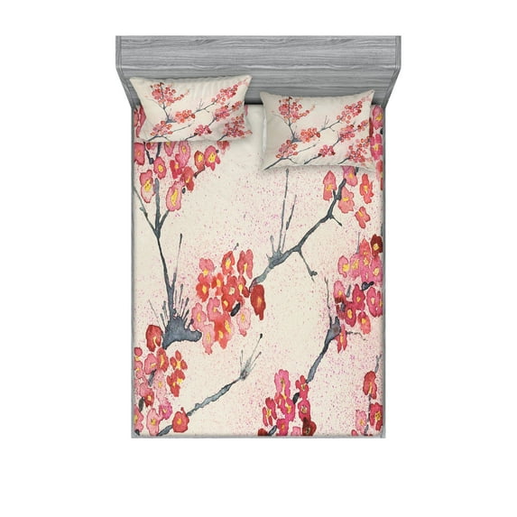 Ambesonne Floral Fitted Sheet & Pillow Sham Set, Vintage Sakura Flowers, Full, Pink Beige Grey