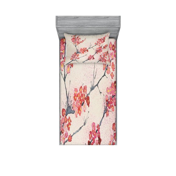 Ambesonne Floral Fitted Sheet & Pillow Sham Set, Vintage Sakura Flowers, Twin, Pink Beige Grey