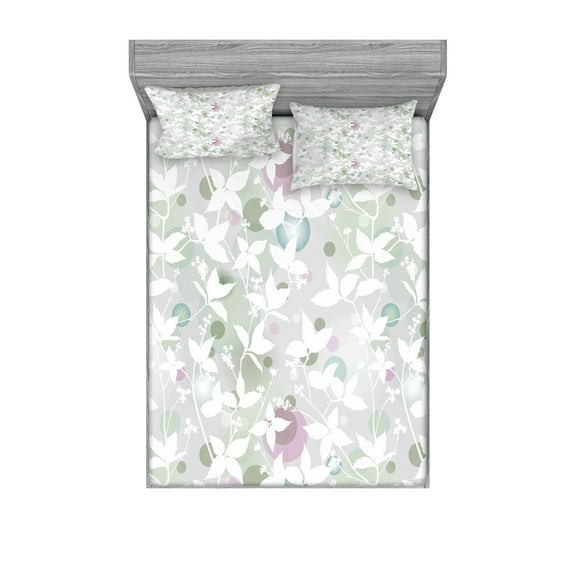 Ambesonne Floral Fitted Sheet & Pillow Sham Set, Vintage Seamless Pattern, Full, White and Reseda Green