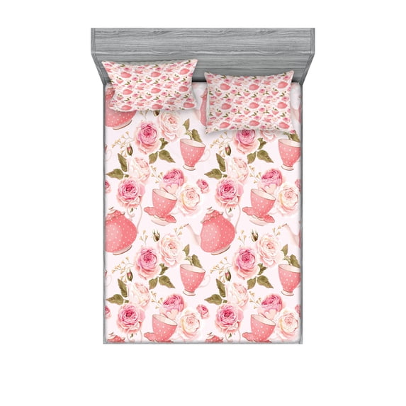 Ambesonne Floral Fitted Sheet & Pillow Sham Set, Vintage Tea Cups Roses, Queen, Fern Green Pale Pink