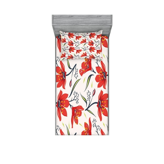 Ambesonne Floral Fitted Sheet & Pillow Sham Set, Vintage Tulip Flowers, Twin, Peach Green and Red