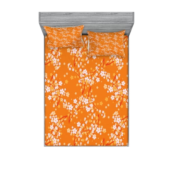 Ambesonne Floral Fitted Sheet & Pillow Sham Set, Vivid Blooms Spring Tree, Full, Orange Lilac