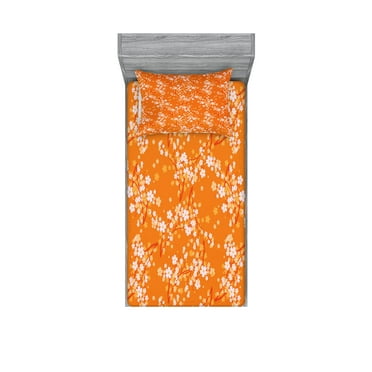 Ambesonne Floral Fitted Sheet & Pillow Sham Set, Vivid Blooms Spring Tree, Twinxl, Orange Lilac