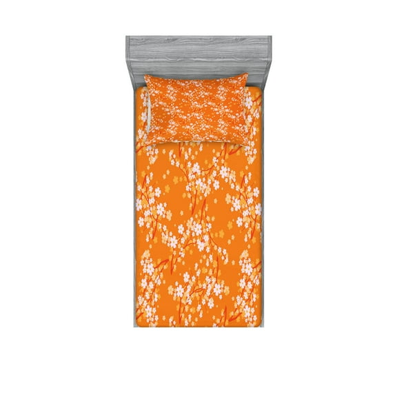 Ambesonne Floral Fitted Sheet & Pillow Sham Set, Vivid Blooms Spring Tree, Twinxl, Orange Lilac