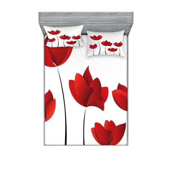 Ambesonne Floral Fitted Sheet & Pillow Sham Set, Vivid Rose Flower Petal, Queen, Vermilion and White