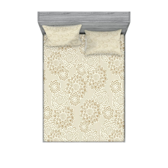 Ambesonne Floral Fitted Sheet & Pillow Sham Set, Warm Colored Paisley, Full, Cream Tan