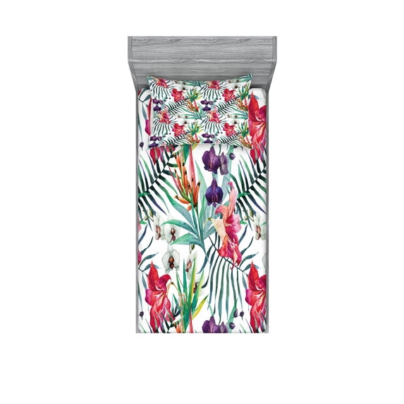Ambesonne Floral Fitted Sheet & Pillow Sham Set, Watercolor Art Tropical, Twin, Multicolor