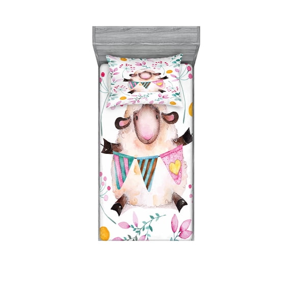 Ambesonne Floral Fitted Sheet & Pillow Sham Set, Watercolor Cartoon Sheep, Twinxl, Multicolor