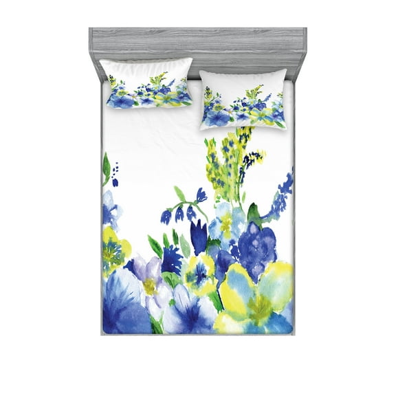 Ambesonne Floral Fitted Sheet & Pillow Sham Set, Watercolor Flower, Full, Blue Yellow
