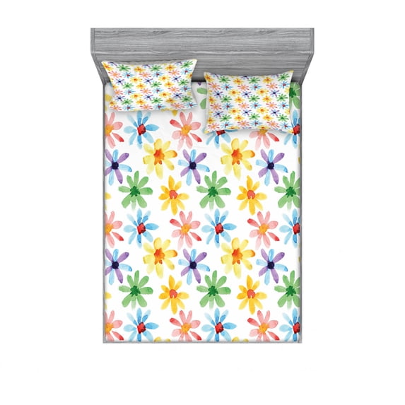 Ambesonne Floral Fitted Sheet & Pillow Sham Set, Watercolor Flowers Art, Full, Multicolor