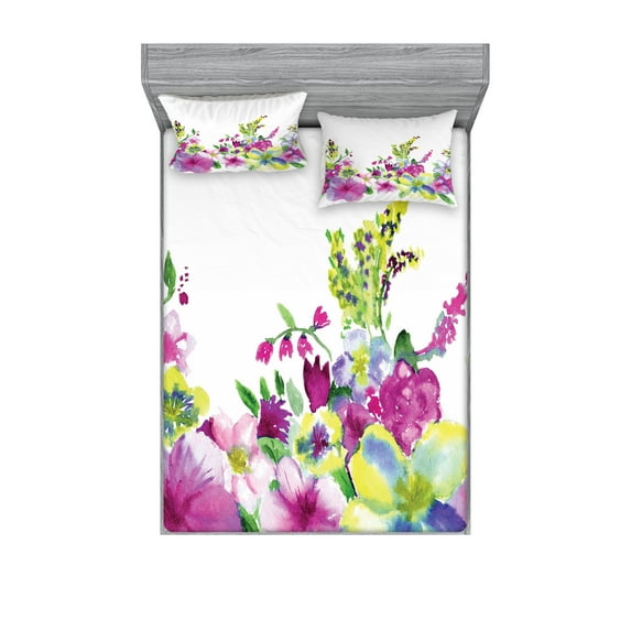 Ambesonne Floral Fitted Sheet & Pillow Sham Set, Watercolor Garden, Queen, Pink Green