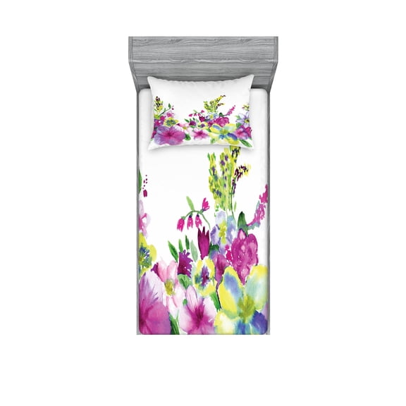 Ambesonne Floral Fitted Sheet & Pillow Sham Set, Watercolor Garden, Twinxl, Pink Green