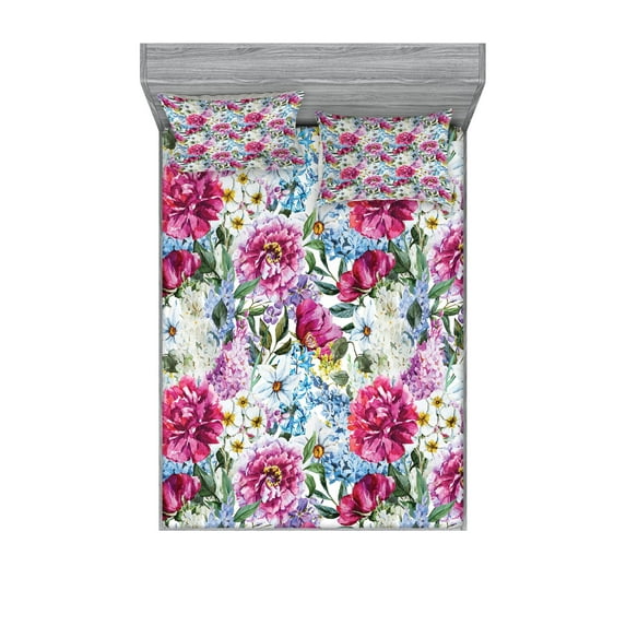 Ambesonne Floral Fitted Sheet & Pillow Sham Set, Watercolor Look Bouquet Art, Full, Multicolor