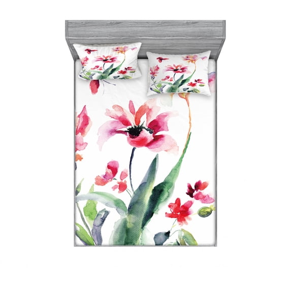 Ambesonne Floral Fitted Sheet & Pillow Sham Set, Watercolor Pastel Boho, Queen, Multicolor