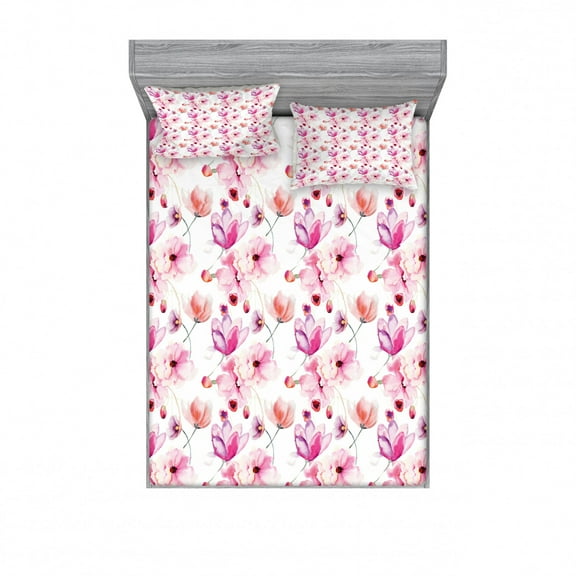 Ambesonne Floral Fitted Sheet & Pillow Sham Set, Watercolor Spring Blooms, Full, Pink Purple Coral