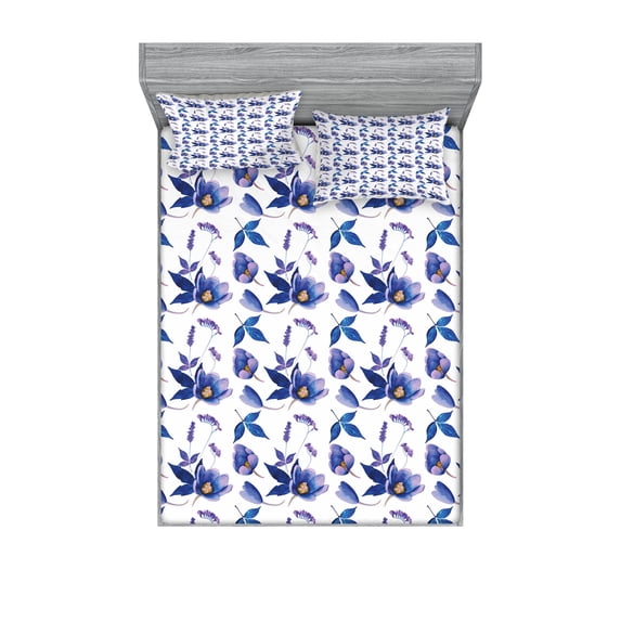 Ambesonne Floral Fitted Sheet & Pillow Sham Set, Watercolor Spring Plants, Queen, Pale Caramel Royal Blue
