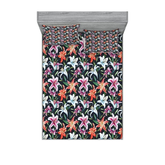 Ambesonne Floral Fitted Sheet & Pillow Sham Set, Watercolor Tropical Lilies, Full, Multicolor
