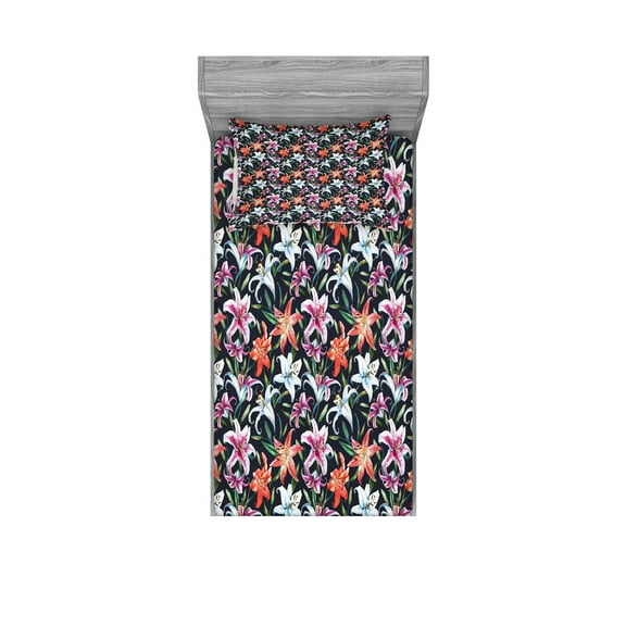Ambesonne Floral Fitted Sheet & Pillow Sham Set, Watercolor Tropical Lilies, Twin, Multicolor