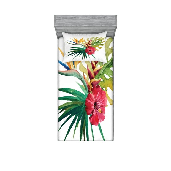 Ambesonne Floral Fitted Sheet & Pillow Sham Set, Wild Tropical Orchid, Twinxl, Fuchsia Forest Green